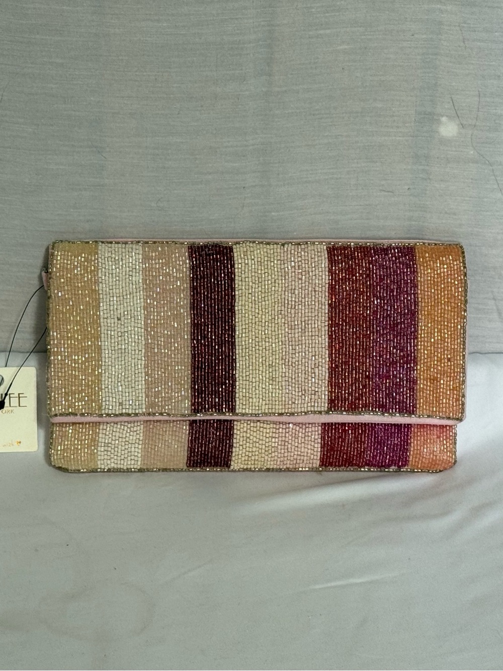 NWT Kay Lee New York Handmade Beaded Striped Clutch Silver Chain